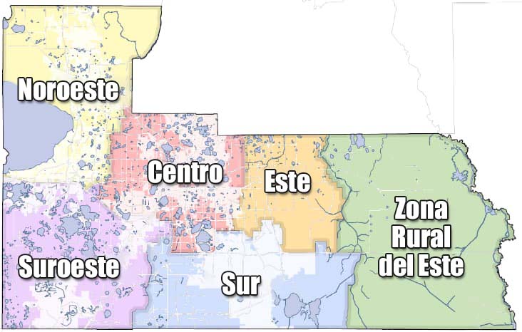 Áreas de mercado que representan el norte, sur, extremo este, oeste y centro del Condado de Orange.