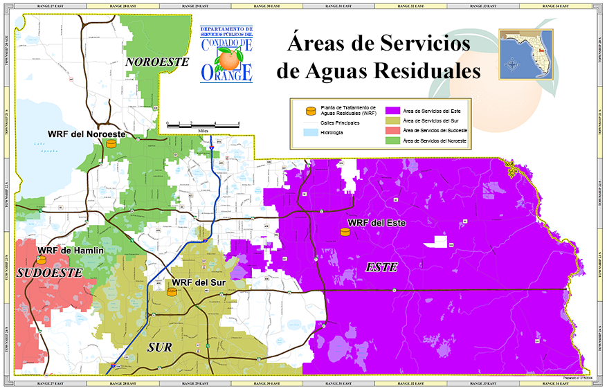 Mapa de las Áreas de Servicio de Aguas Residuales del Condado de Orange