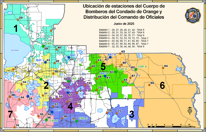 Mapa de Ubicaciones de Estaciones de Bomberos y Batallones del Cuerpo de Bomberos del Condado de Orange - Haga clic para agrandar en una ventana nueva